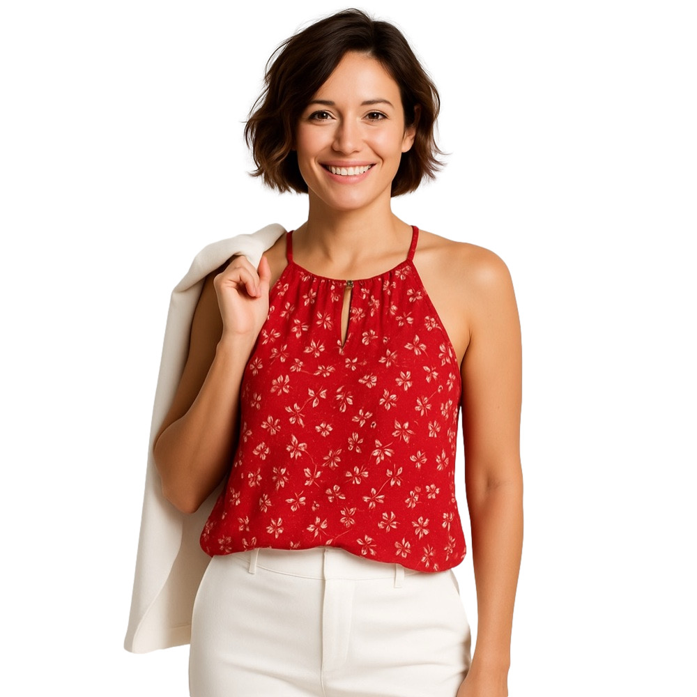 PAPERMOON Women’s Red Fitted halter Tank Top Blouse Ditzy White Floral Print